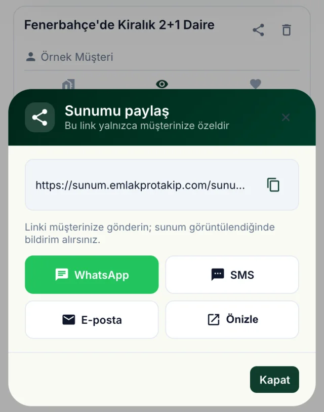 Telefonda Sunumu paylaş penceresi: müşteriye özel sunum bağlantısı, altında WhatsApp, SMS, E-posta ve Önizle düğmeleri