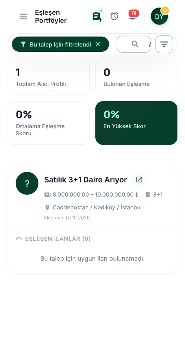 Telefonda Eşleşen Portföyler: Caddebostan'da satılık 3+1 talebi için skor kartları, eşleşen ilan sayısı 0 ve Bu talep için uygun ilan bulunamadı mesajı